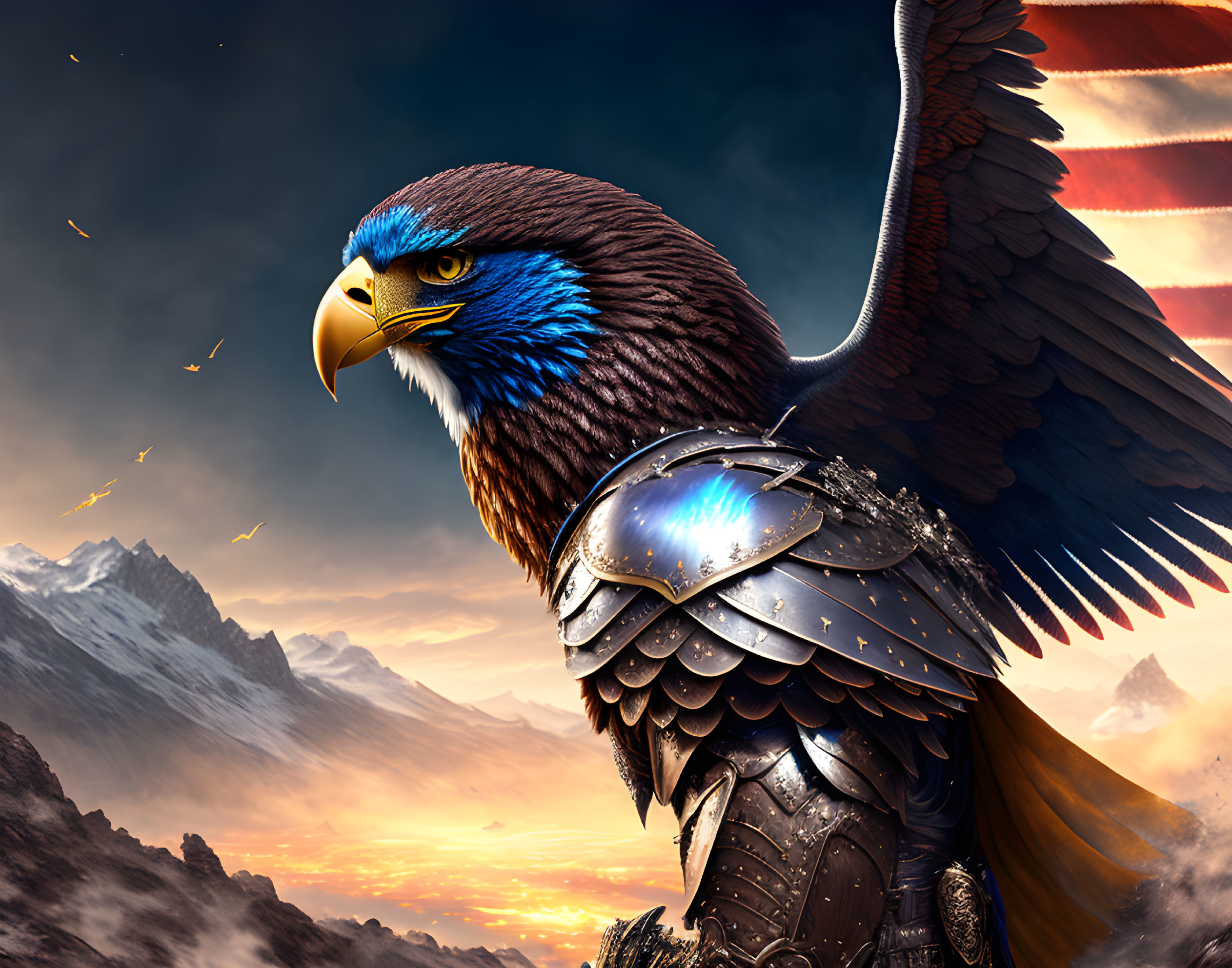 Majestic eagle with metallic armor in American flag motif