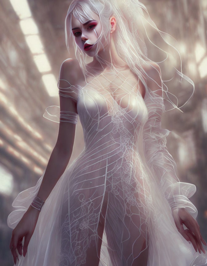 Platinum Blonde Woman in Translucent Gown with Web-like Patterns