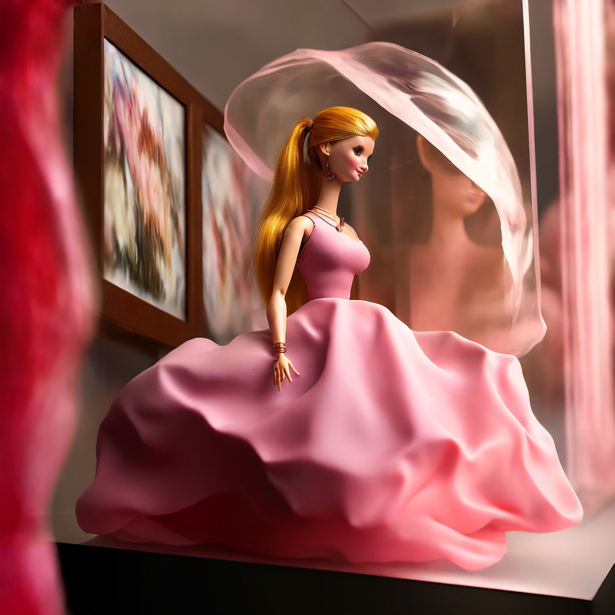 Graceful doll in pink gown admires paintings in gallery