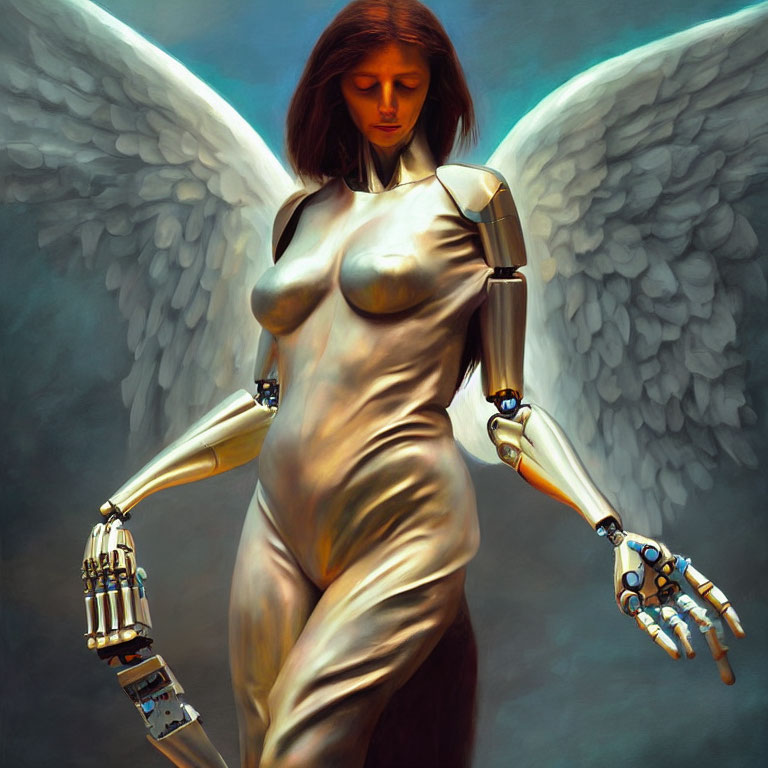 Surreal artwork: Female figure with angelic wings and robotic arms