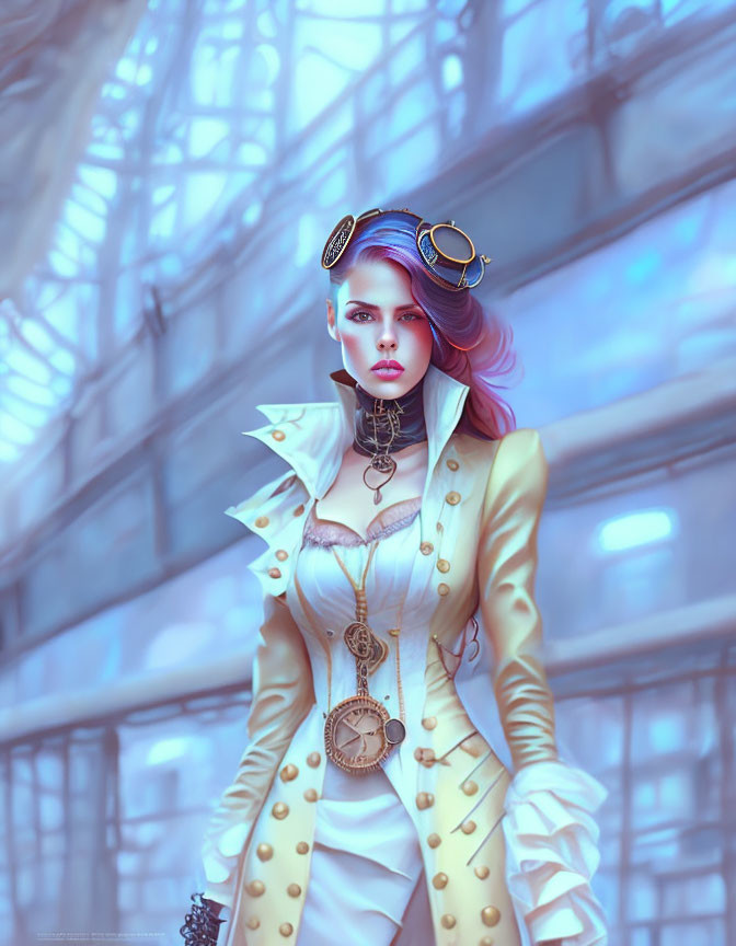 Violet-haired woman in steampunk attire against industrial backdrop