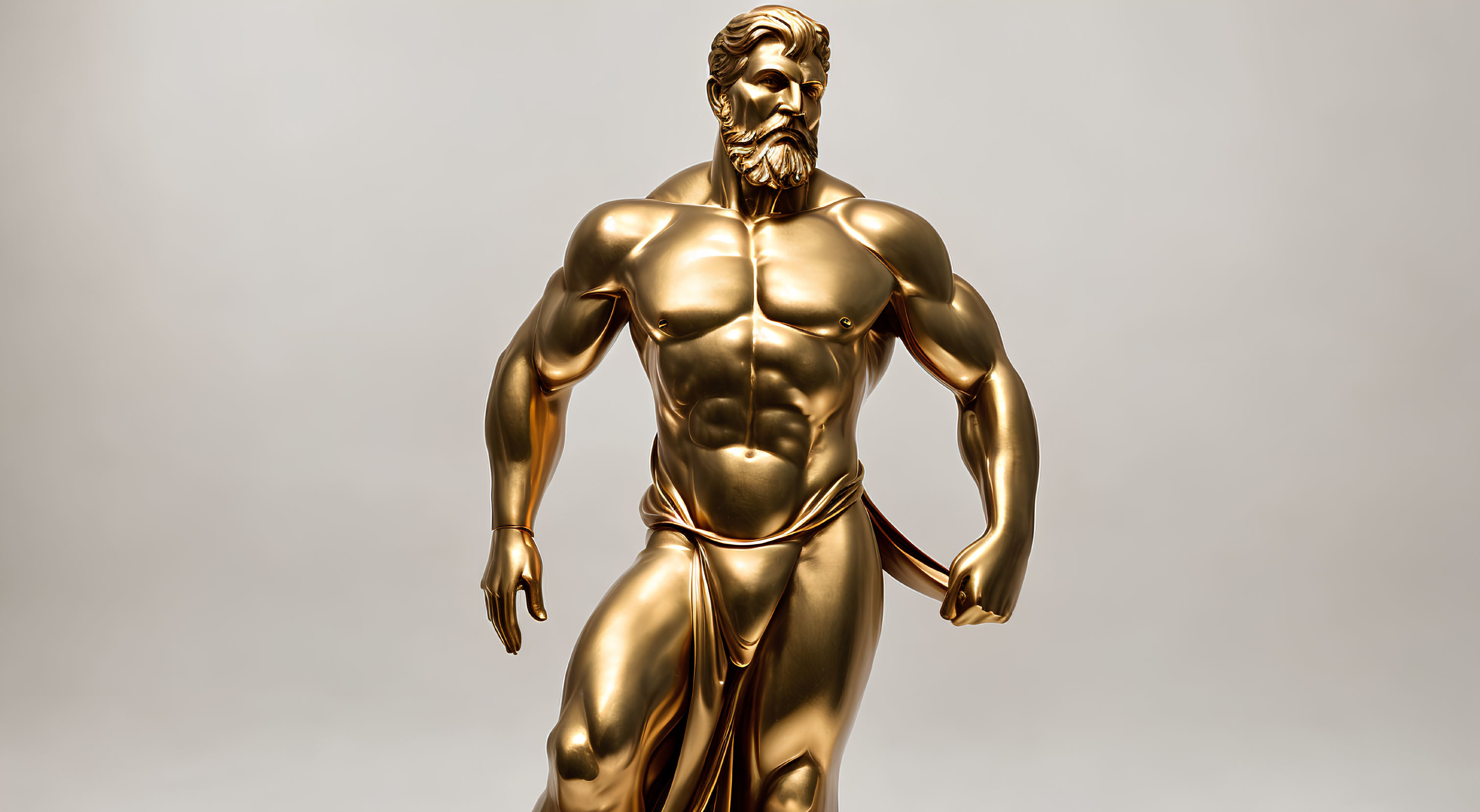 Golden muscular male statue in heroic pose with subtle contrapposto stance