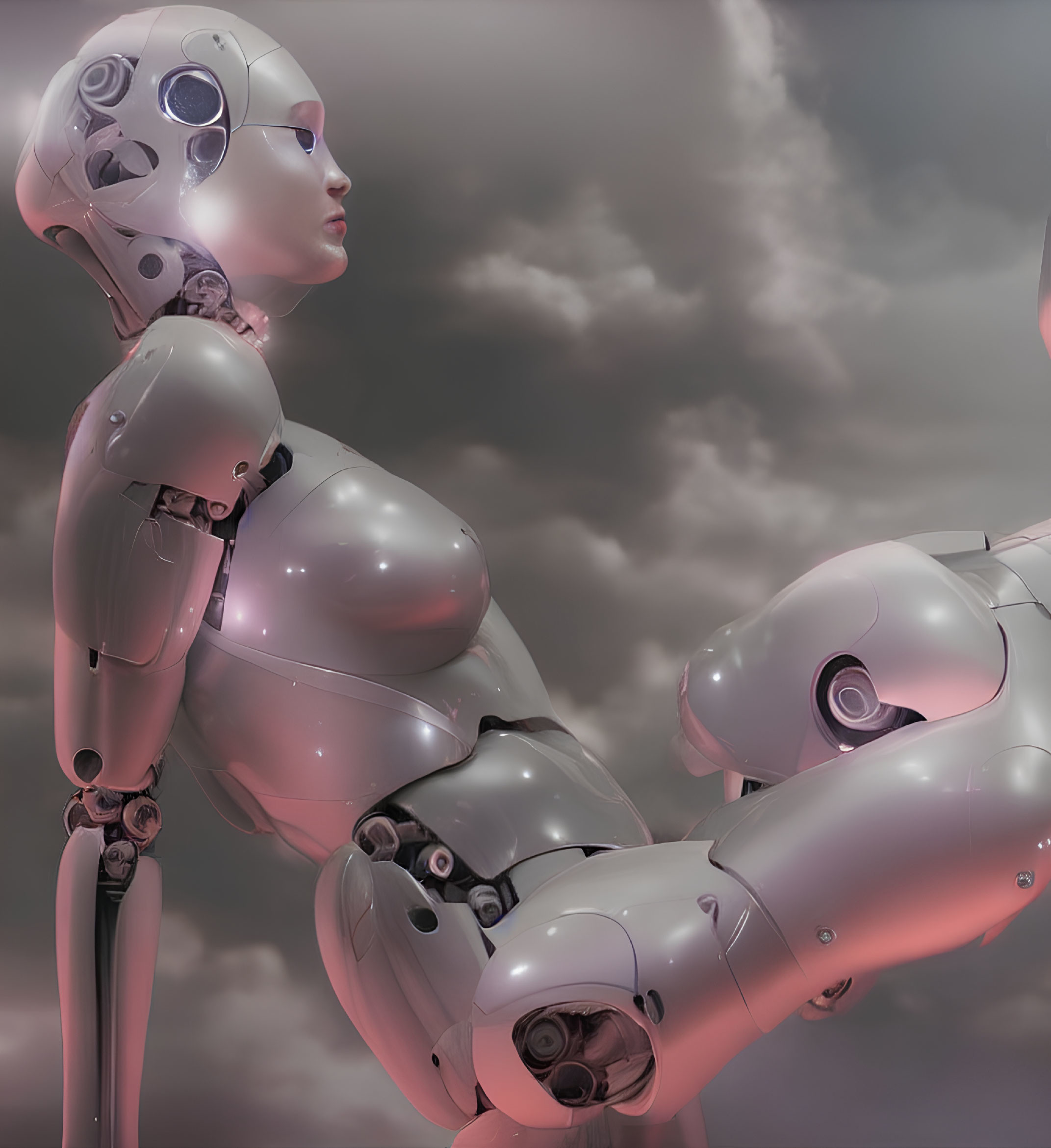 Humanoid Robot with Exposed Joints Stands Against Cloudy Sky