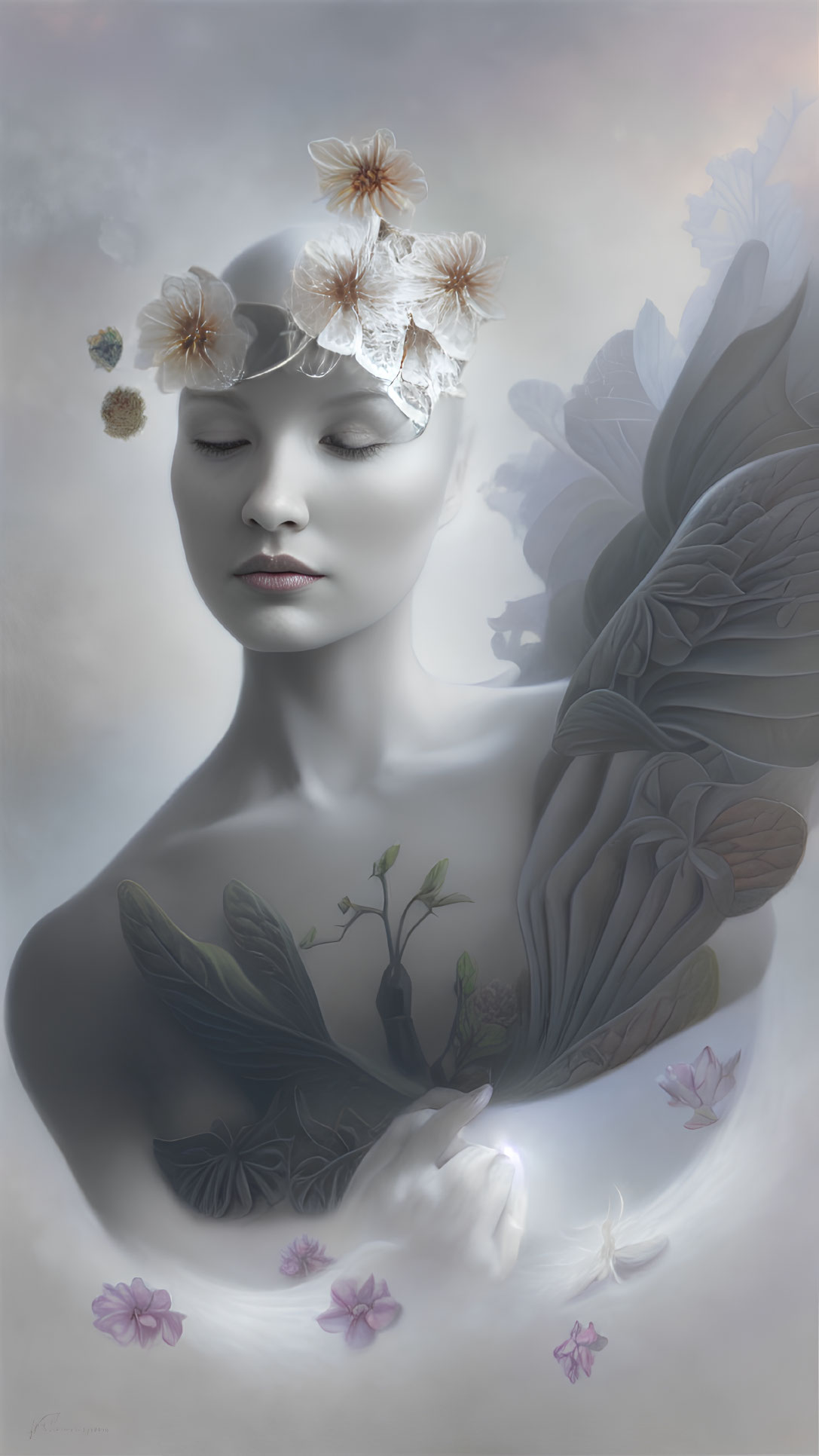 Ethereal artwork featuring woman with floral headwear, dark wings, and glowing plants.