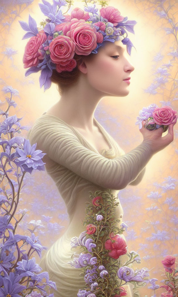 Serene woman with floral wreath holding rose in flower-adorned dress on soft purple backdrop