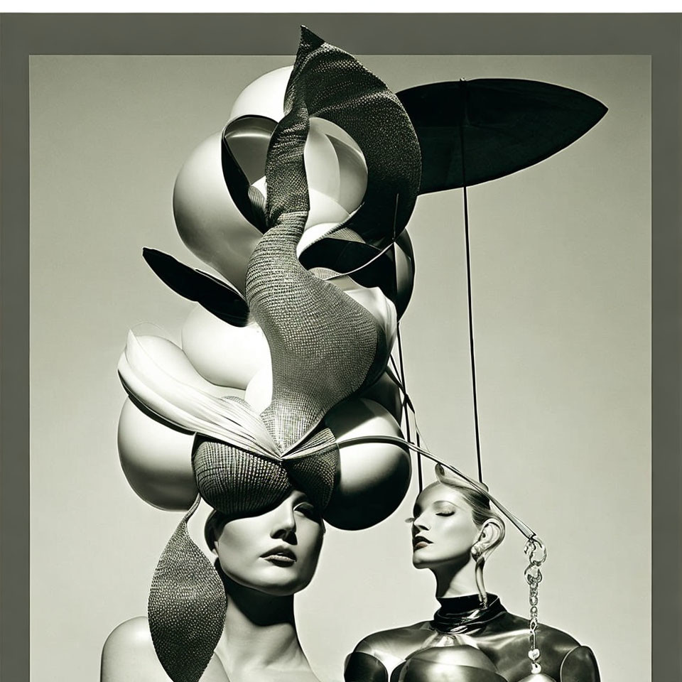 Monochrome photo of two models with avant-garde hats and accessories, umbrella, and surreal swirling sculpture