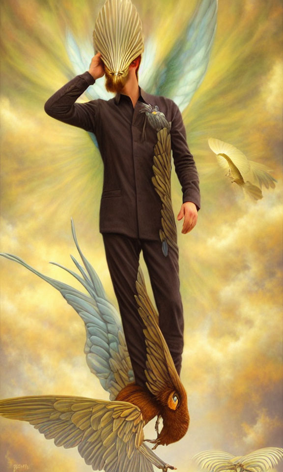 Surreal artwork featuring person with wings for arms and bird-like tail