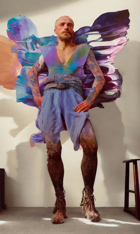 Tattooed man in fairy costume with colorful wings and tree bark leggings