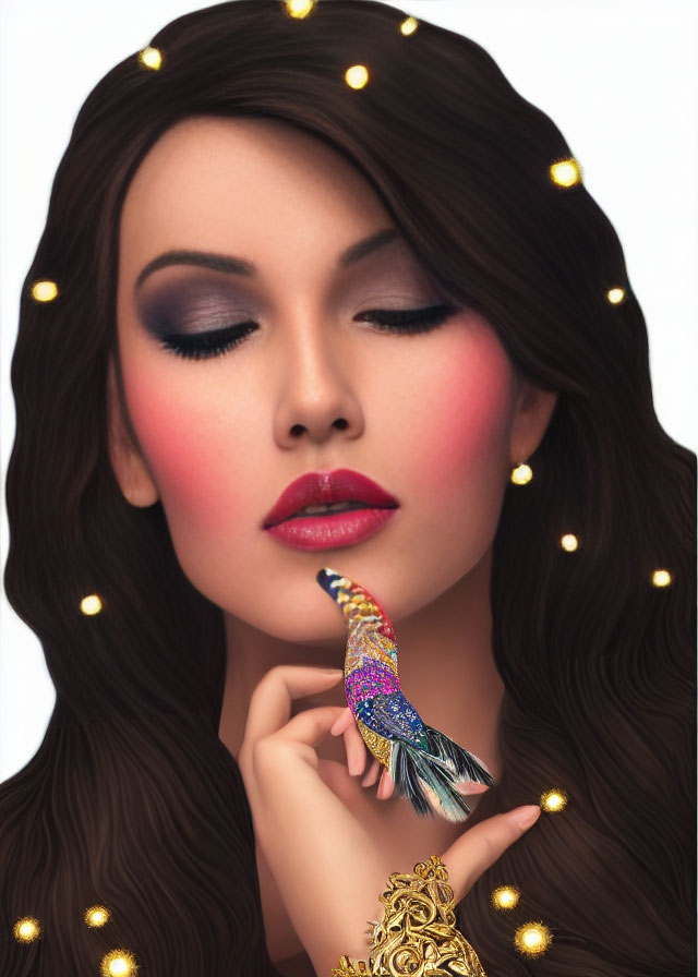 Woman with Decorated Nails, Gold Jewelry, Dramatic Makeup, and Voluminous Hair