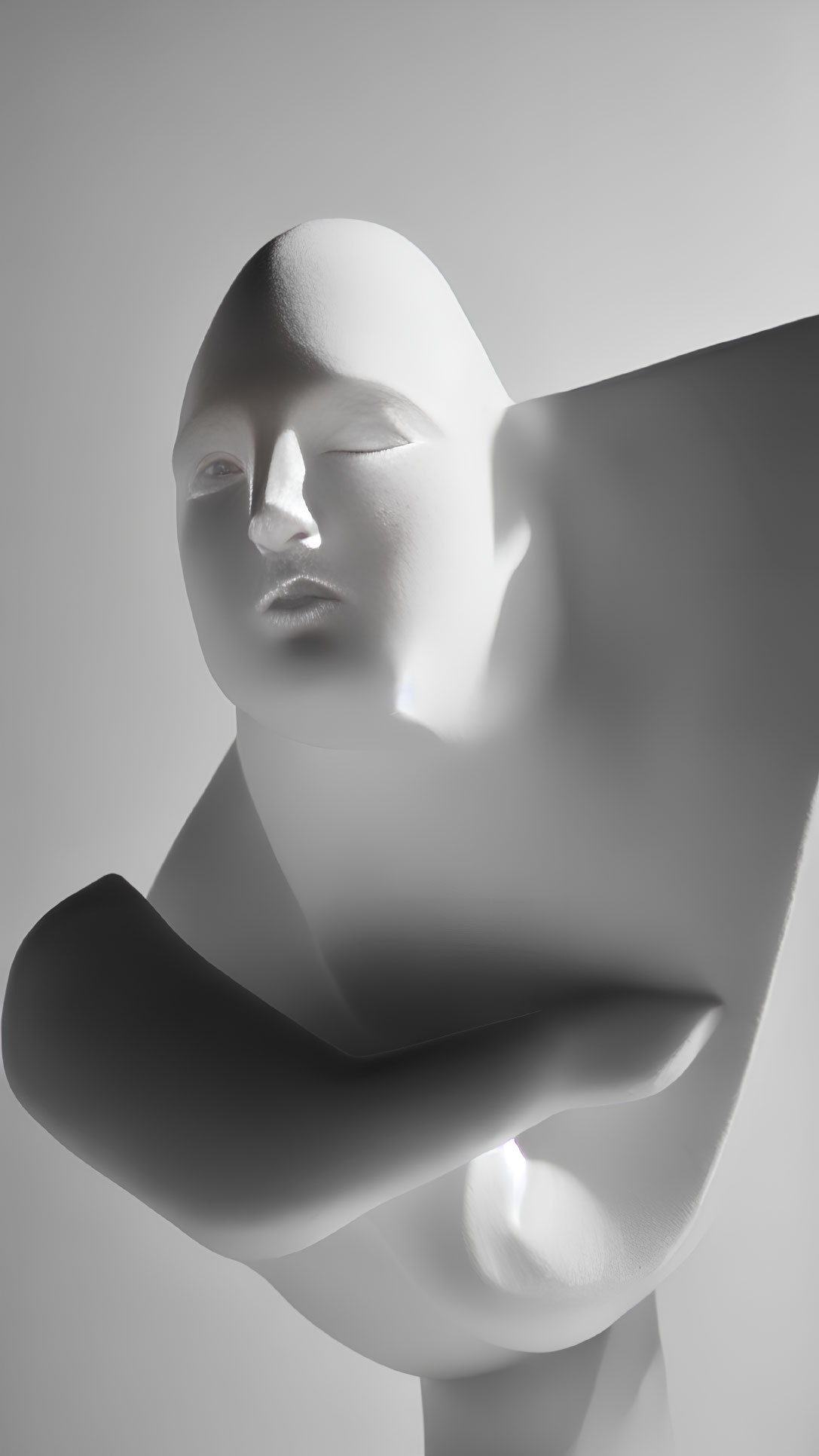 Monochromatic face on abstract body form against gray background