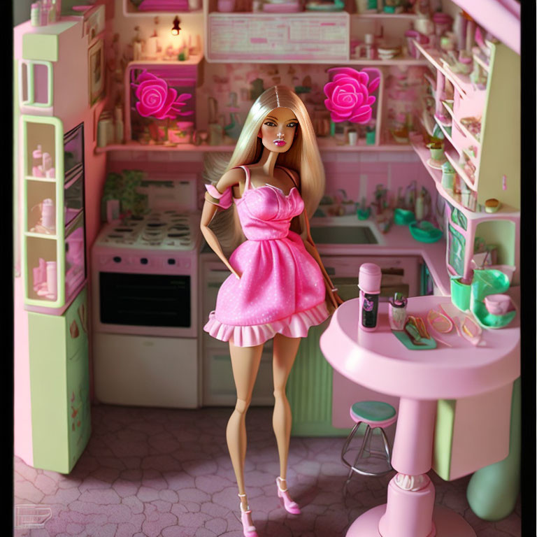 Pink-themed Barbie doll kitchen setup with appliances and food items.