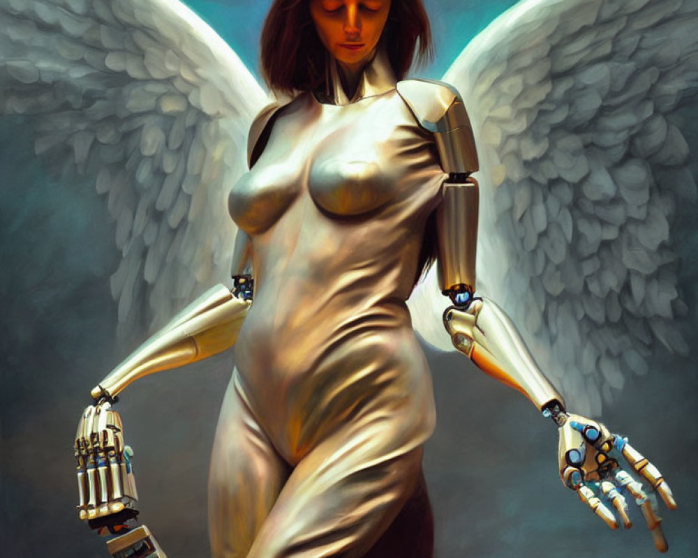 Surreal artwork: Female figure with angelic wings and robotic arms