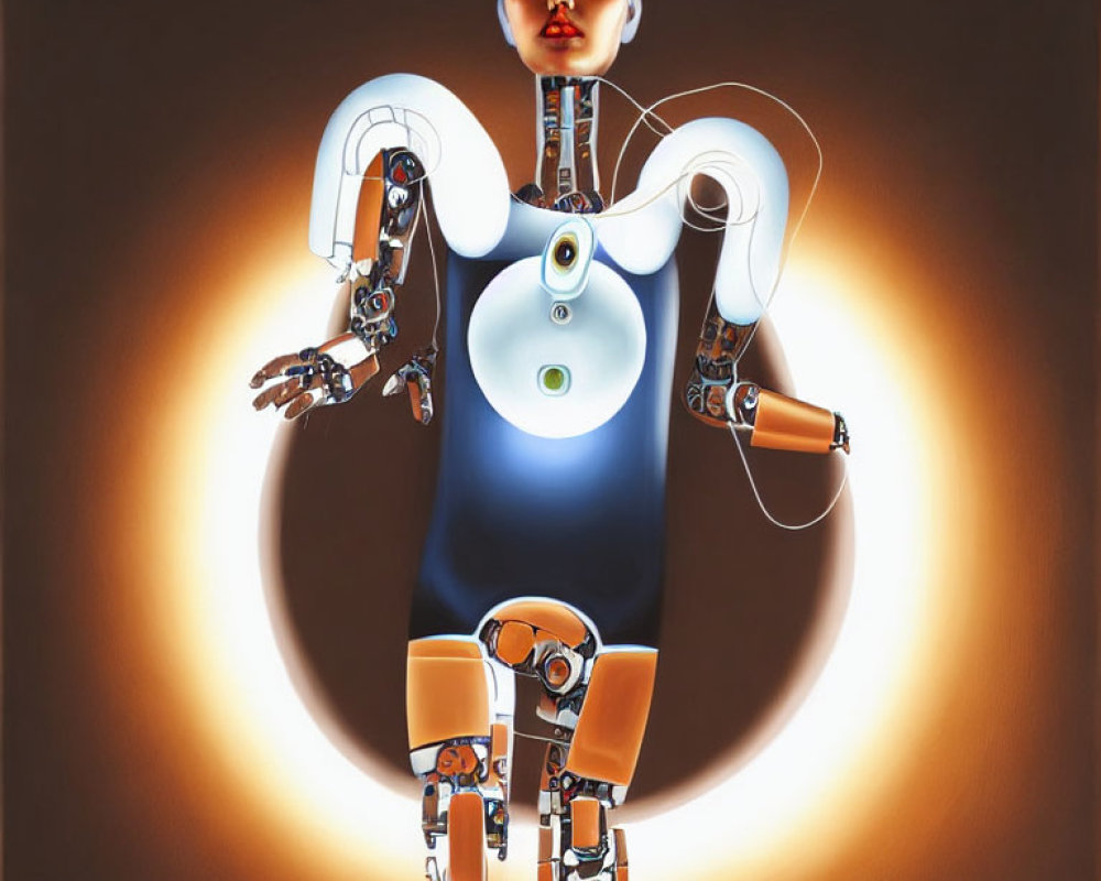 Futuristic humanoid robot with female face and advanced technology.