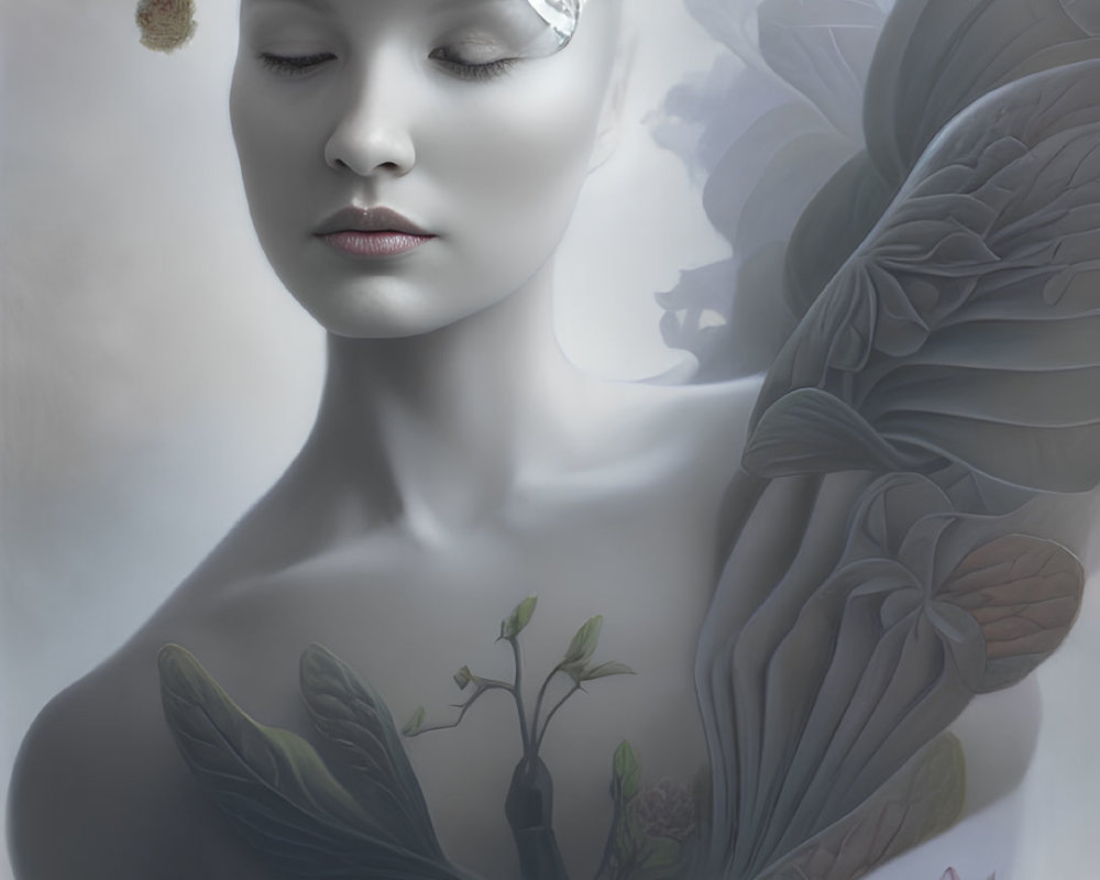 Ethereal artwork featuring woman with floral headwear, dark wings, and glowing plants.