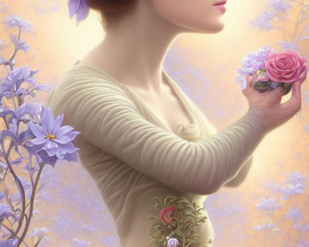 Serene woman with floral wreath holding rose in flower-adorned dress on soft purple backdrop