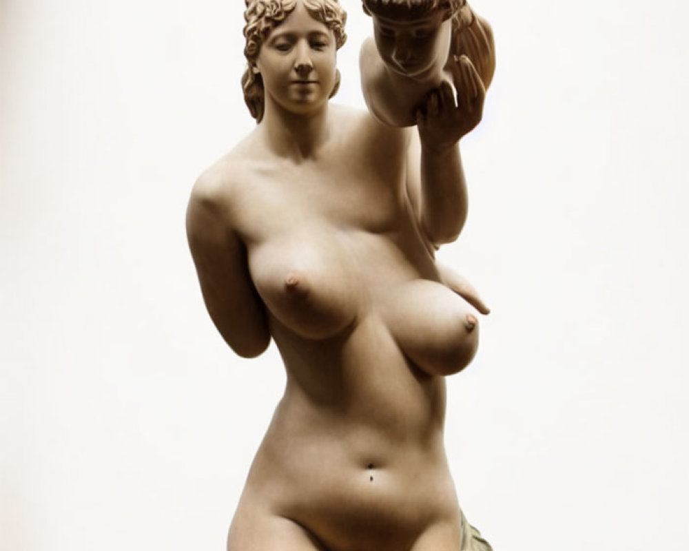 Classical sculpture of female figure with severed head from mythological story.