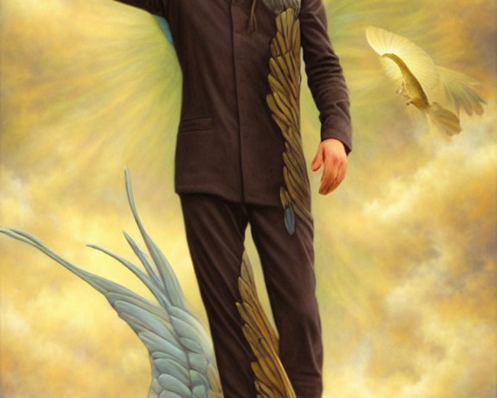 Surreal artwork featuring person with wings for arms and bird-like tail