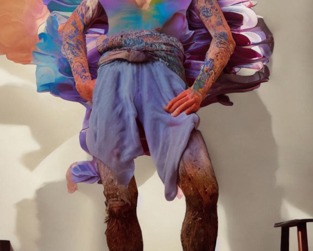 Tattooed man in fairy costume with colorful wings and tree bark leggings