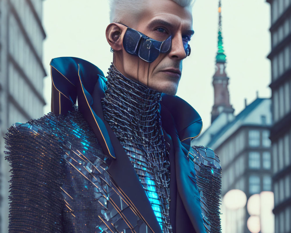 Futuristic male figure with spiked hair in metallic jacket and eyewear