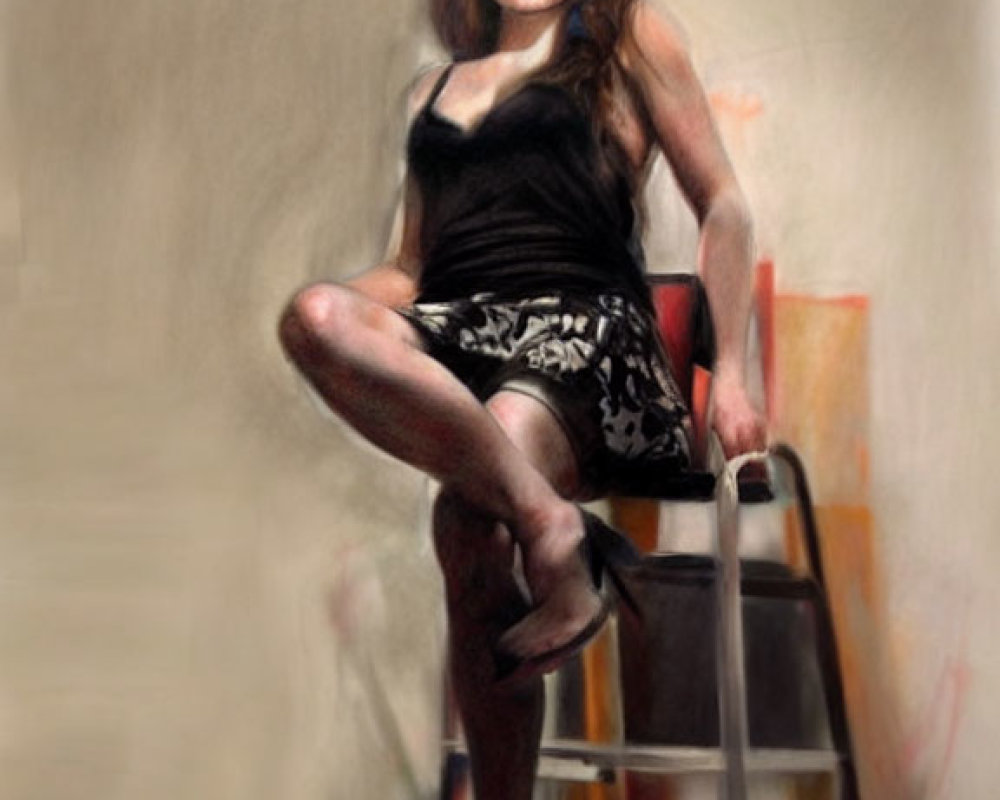 Woman in black top and patterned skirt on stool, gazing thoughtfully in soft-focus portrait