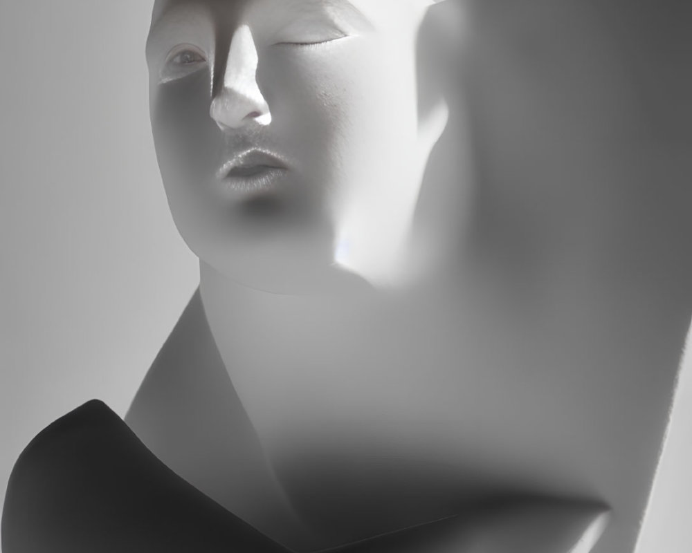 Monochromatic face on abstract body form against gray background