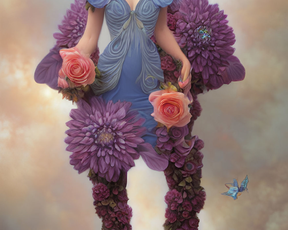 Digital artwork: Female fairy with purple wings in a field of blue and yellow flowers