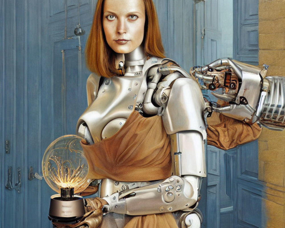 Female humanoid robot with metallic arms holds glowing orb by blue door