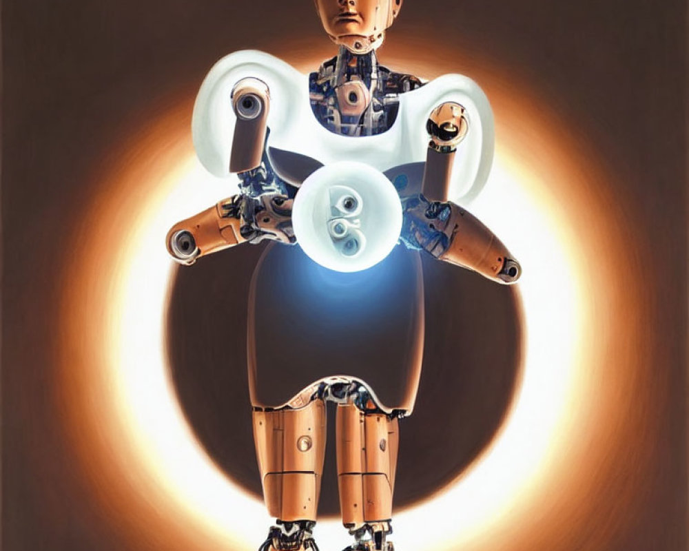 Detailed humanoid robot illustration with glowing halo effect and transparent limb sections showcasing visible gears.