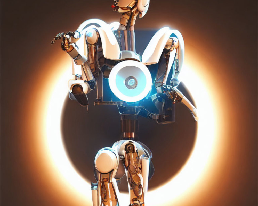 Futuristic humanoid robot with glowing blue core on warm background