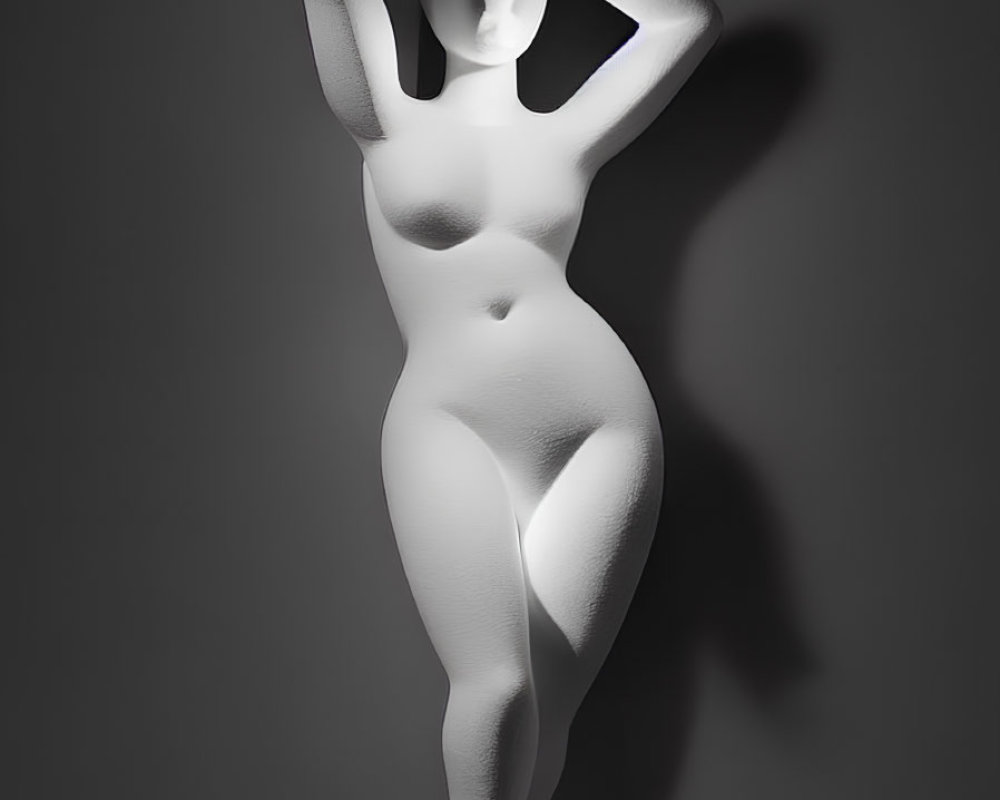 Monochrome sculpture of female figure in pose with raised arm