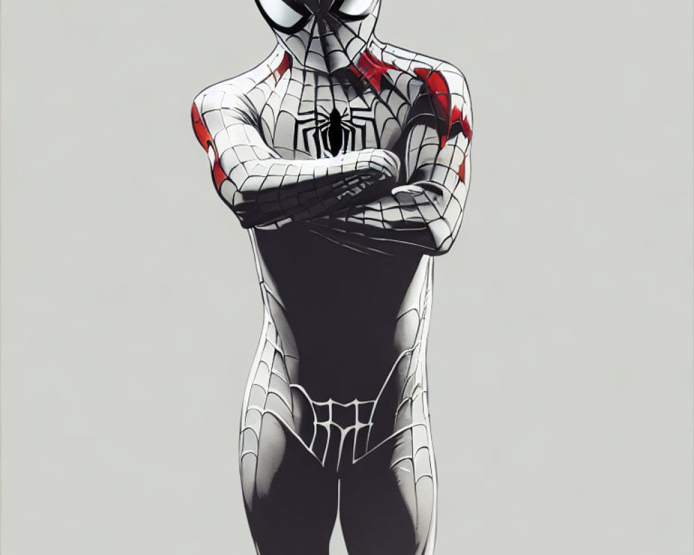 Stylized Spider-Man in Black and White Costume with Red Accents