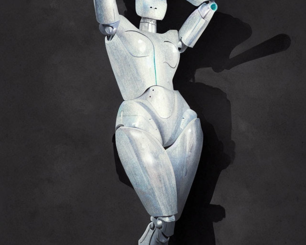 White humanoid robot with blue eyes in thoughtful pose against dark background