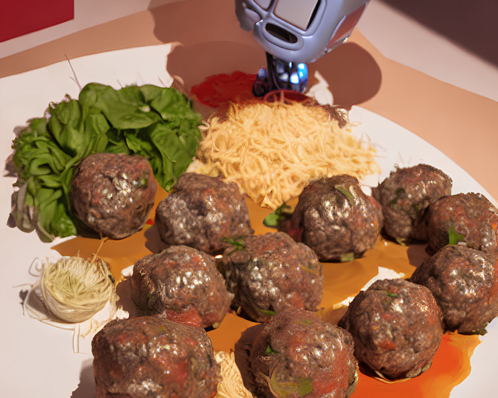 Expressive-eyed robot next to plate of spaghetti and meatballs on pink background