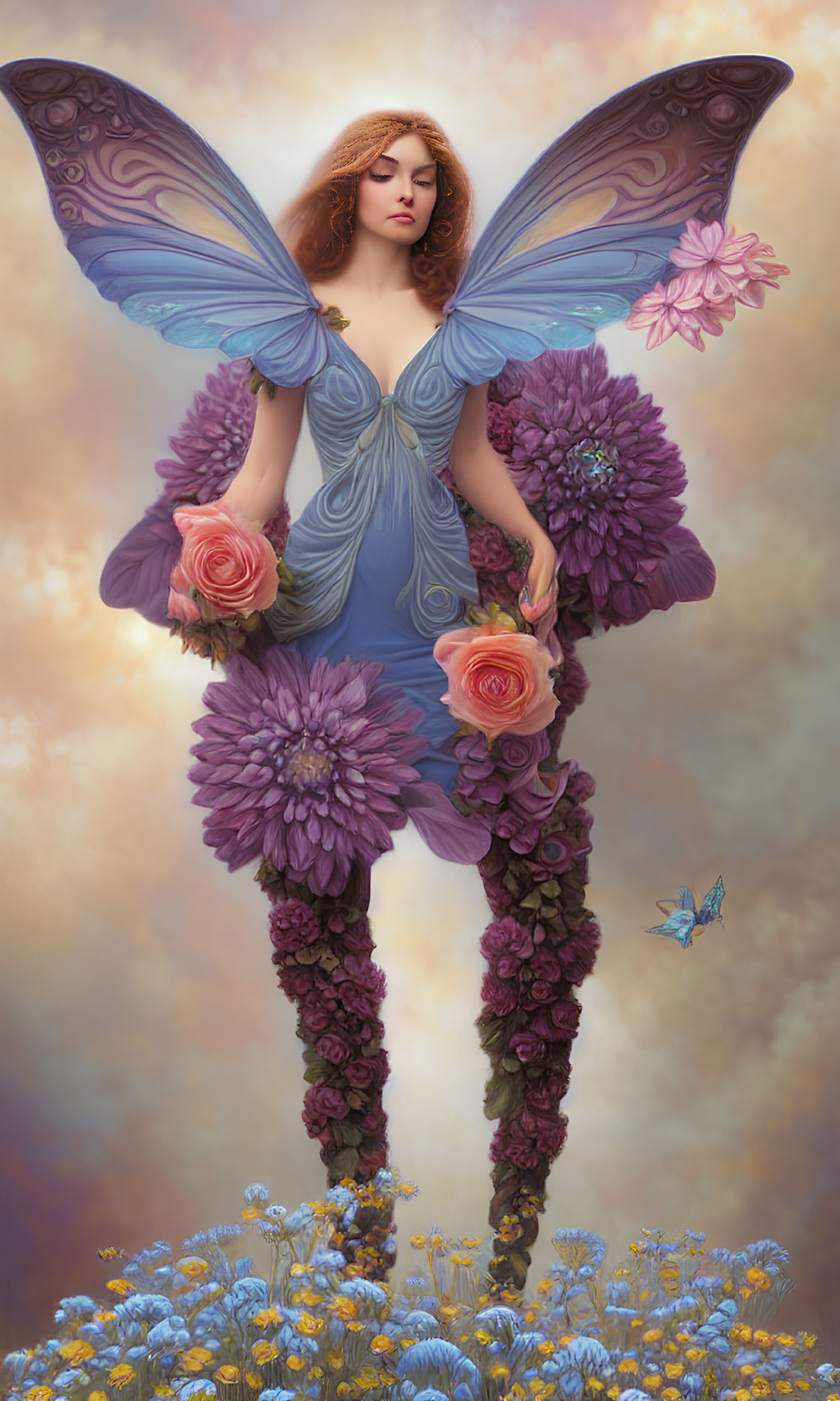 Digital artwork: Female fairy with purple wings in a field of blue and yellow flowers