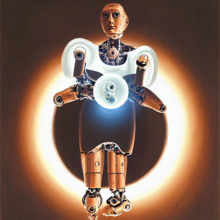 Detailed humanoid robot illustration with glowing halo effect and transparent limb sections showcasing visible gears.