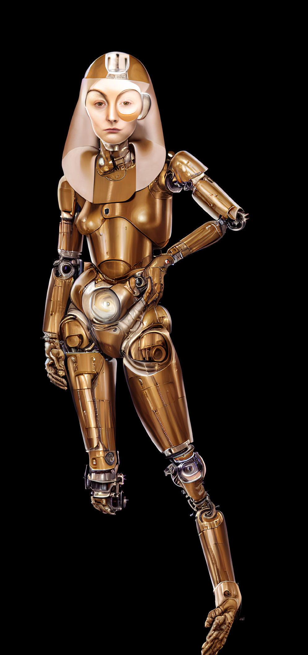 Golden humanoid robot with intricate joints on black background