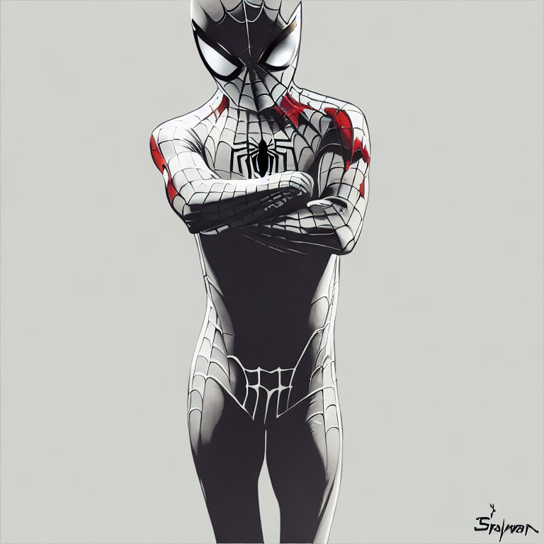 Stylized Spider-Man in Black and White Costume with Red Accents