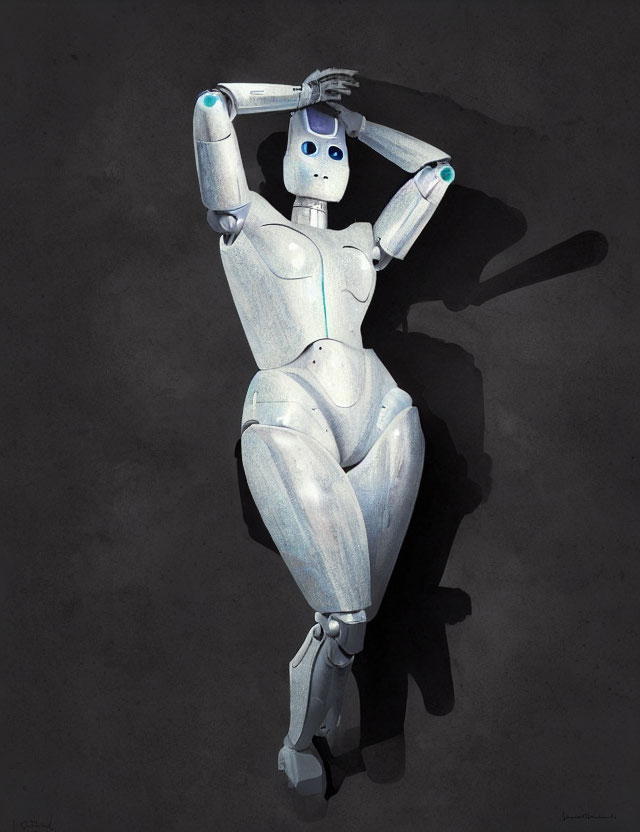 White humanoid robot with blue eyes in thoughtful pose against dark background