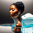 Surreal water merging with woman's profile in tranquil scene