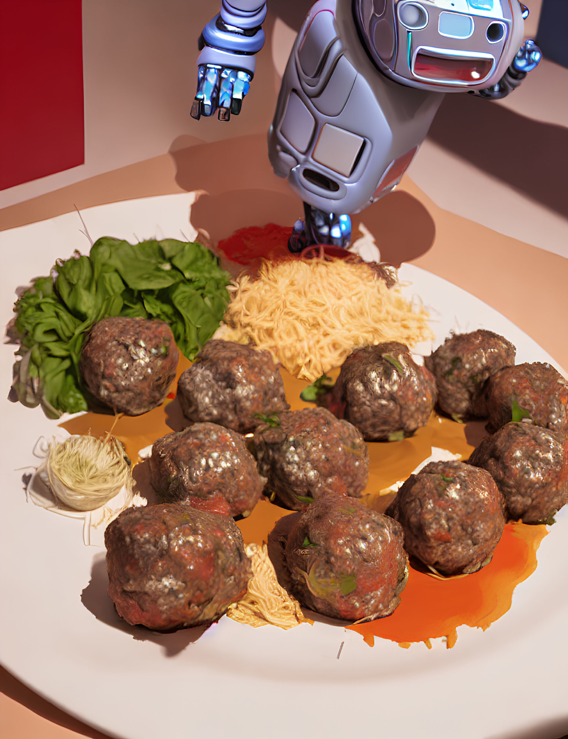 Expressive-eyed robot next to plate of spaghetti and meatballs on pink background