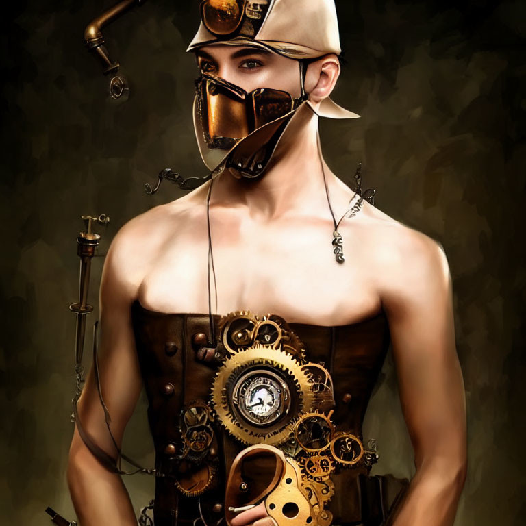 Steampunk-inspired bare-chested man with gear-laden vest and metallic face mask