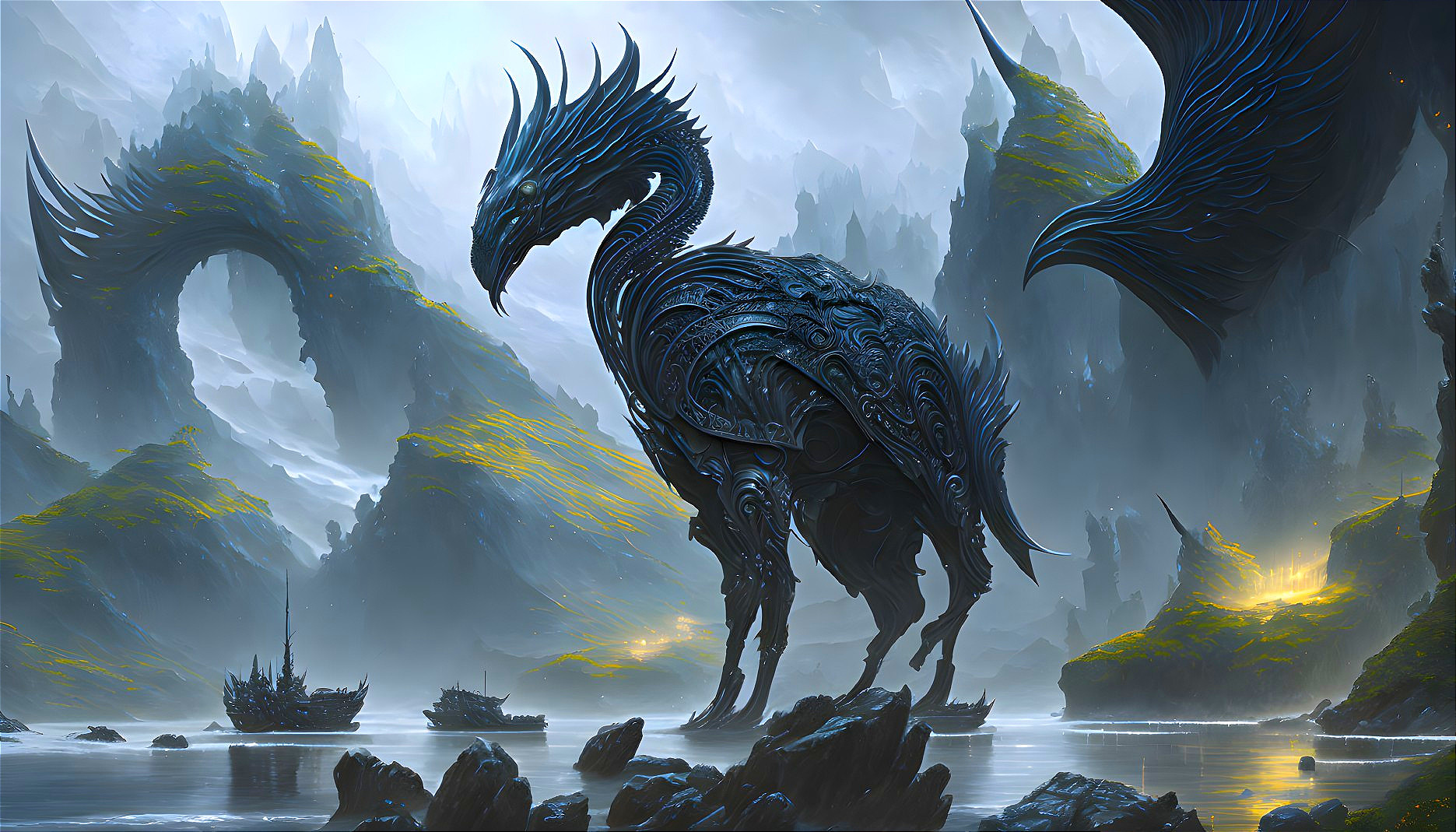 Majestic black dragon in misty mountain landscape with ships