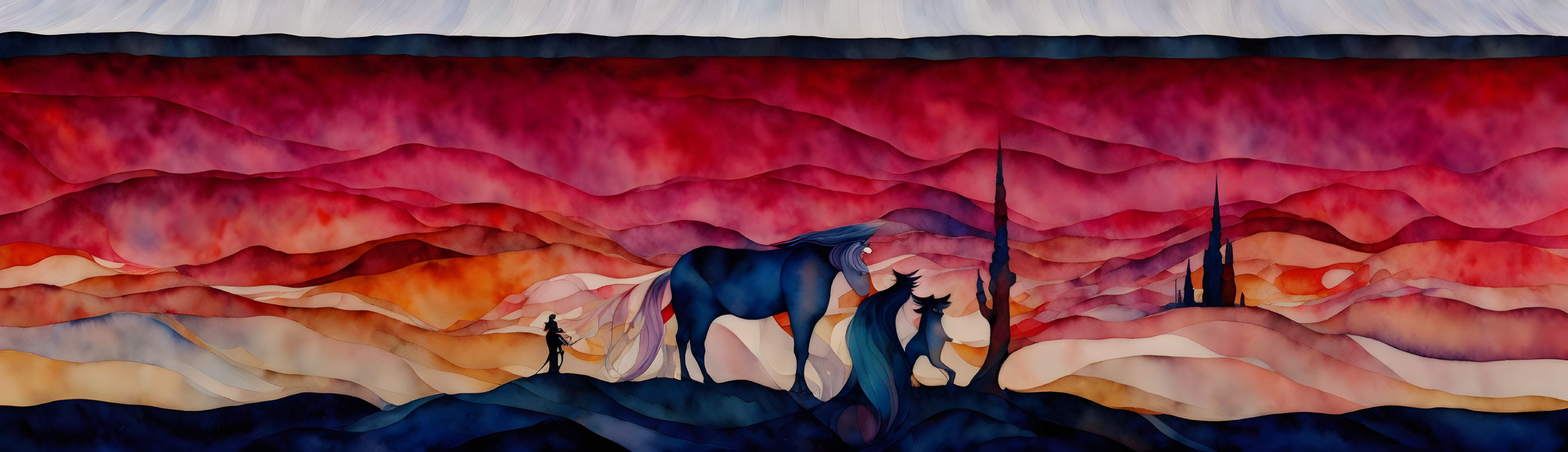 Colorful abstract landscape with silhouetted figures and horses amidst wavelike formations