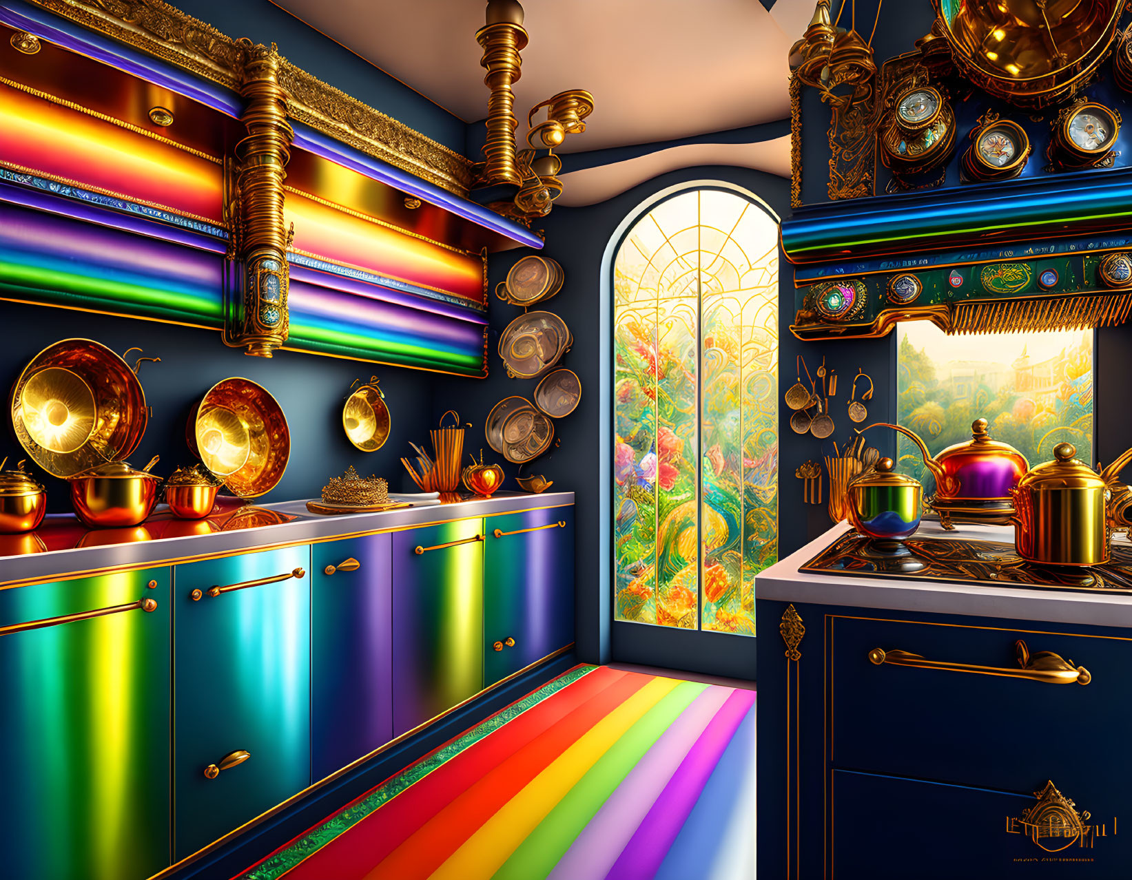 Colorful Kitchen with Rainbow Cabinets and Stained Glass Window