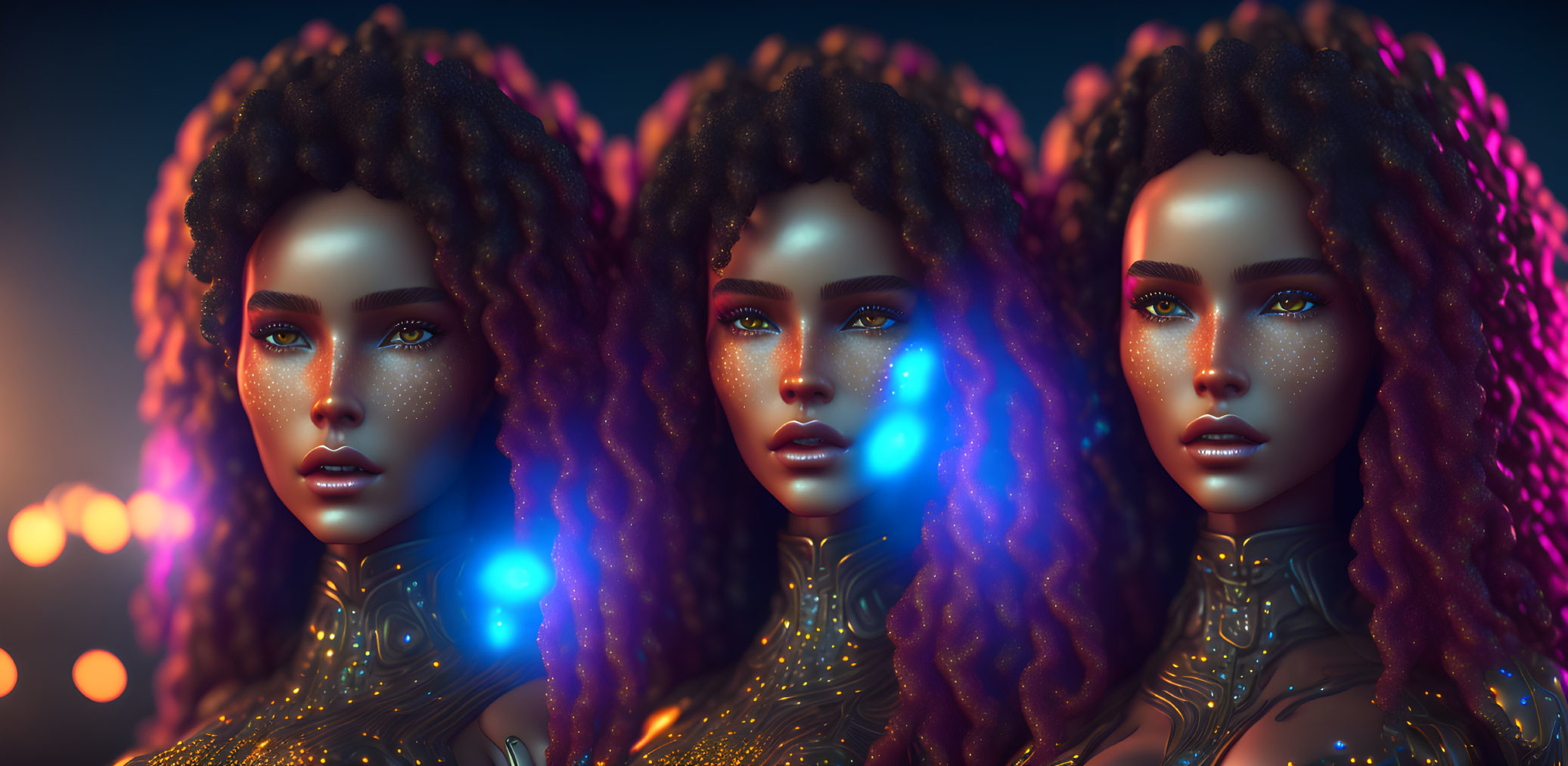 Three futuristic women with glowing skin and eyes in metallic clothing