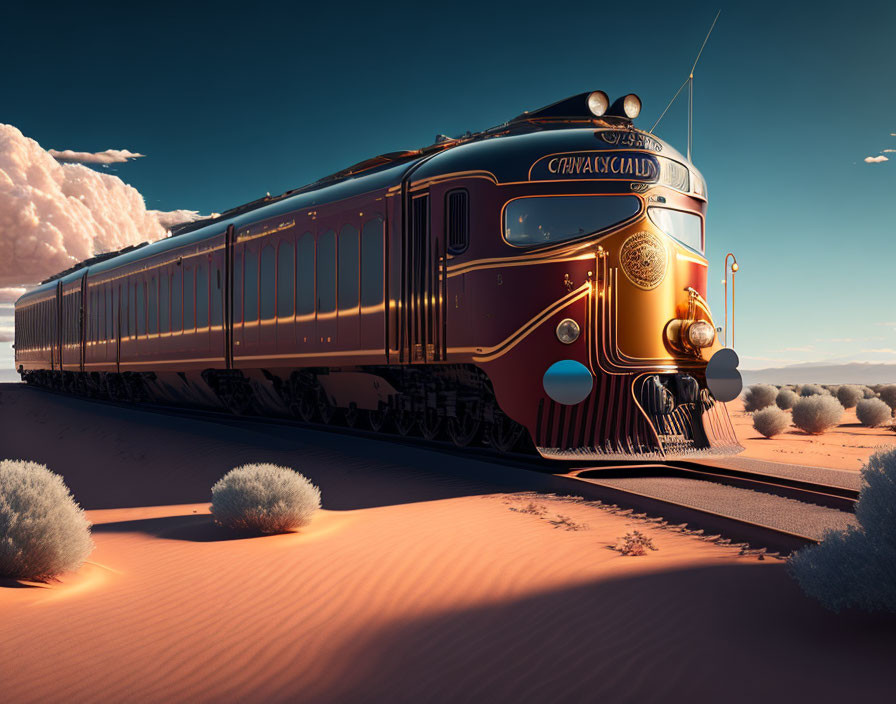 Vintage Train with "Cinco Casas" Insignia in Desert Landscape