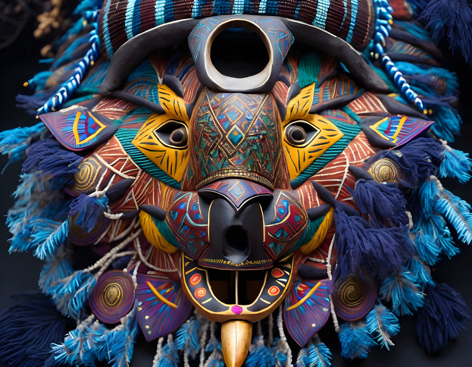 Detailed Tribal Mask with Vibrant Colors and Feathers on Dark Background