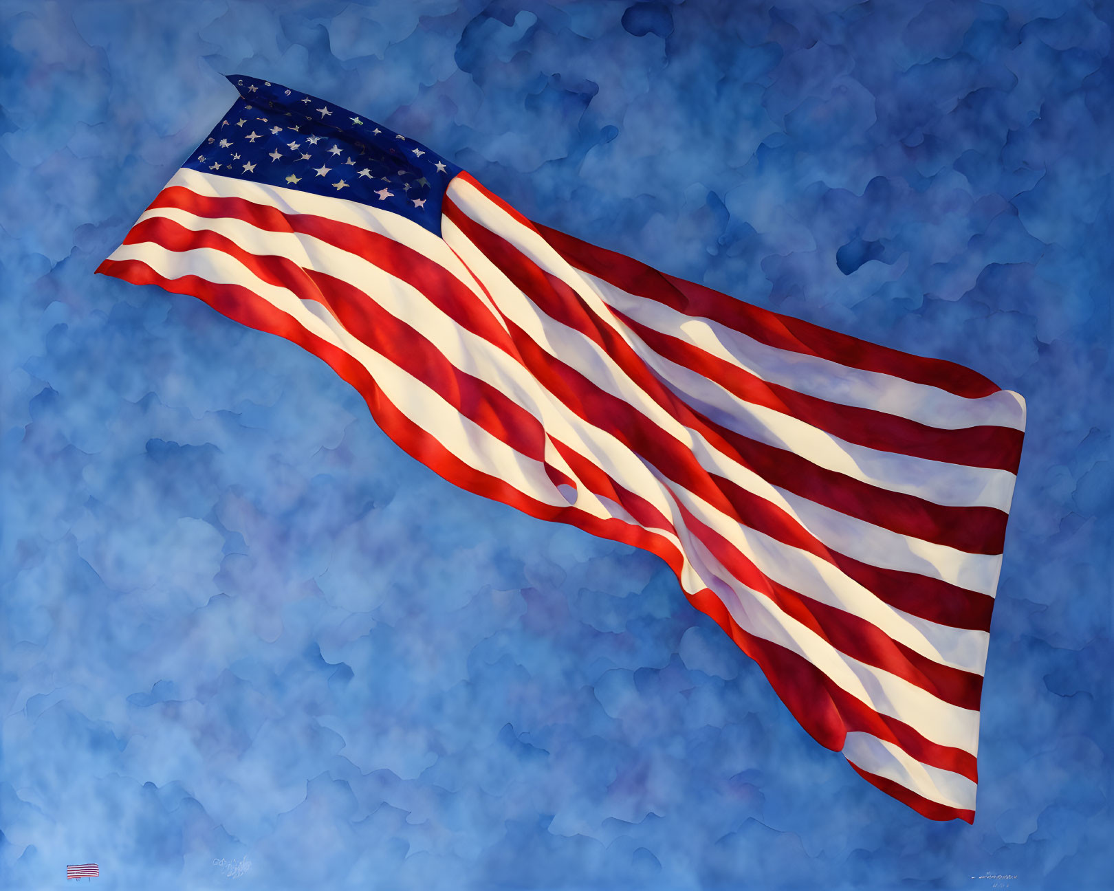 Wavy American flag on textured blue background