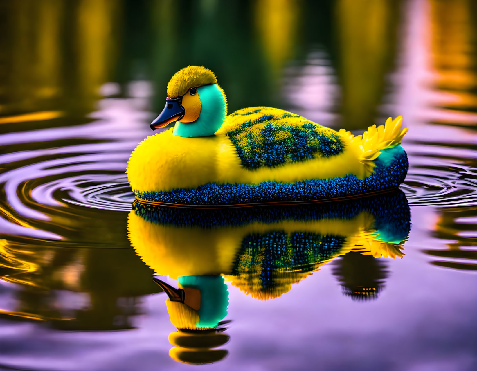 Colorful Yellow and Blue Rubber Duck Floating on Tranquil Water