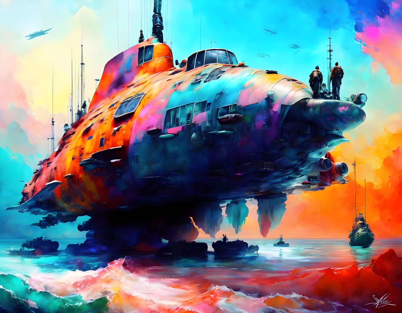 Colorful futuristic submarine floating above vibrant sea with boats and people, under dynamic sky.